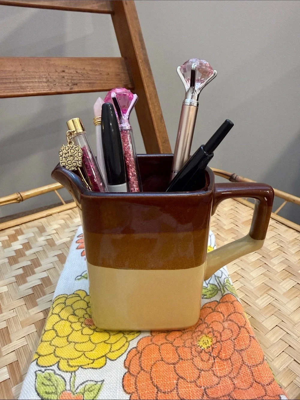 Vintage Nevco Rockingham Type Pitcher Japan Brown Tan Stoneware Utensil Holder